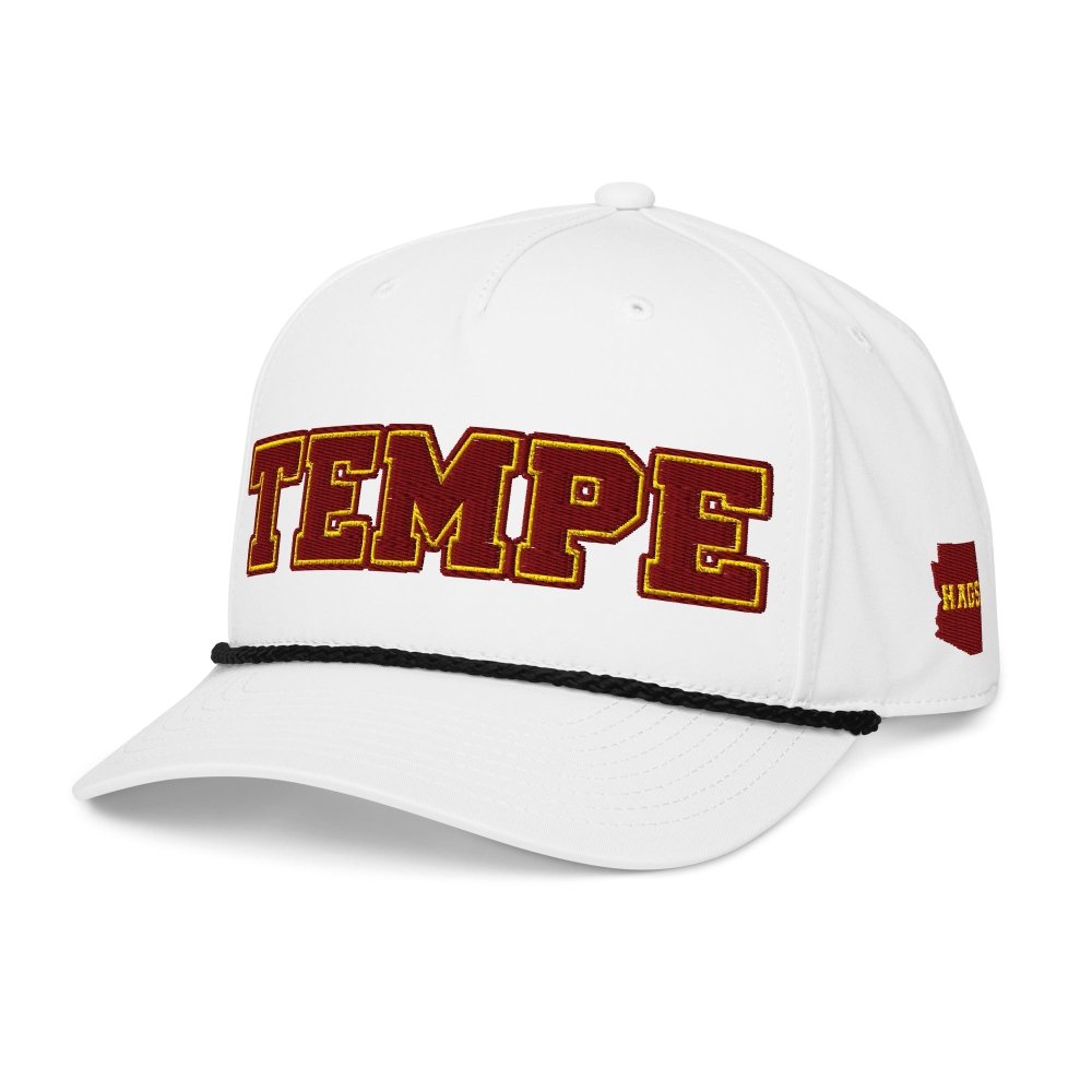 Angled front view of white HAGS Tempe Arizona rope hat, showing maroon and gold TEMPE lettering and contrasting rope.