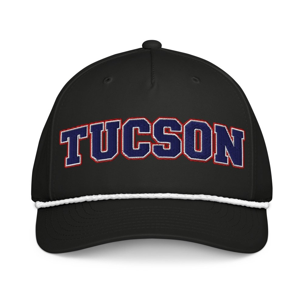 Front view of black HAGS Tucson Arizona rope hat, showing navy and red TUCSON lettering and contrasting rope.