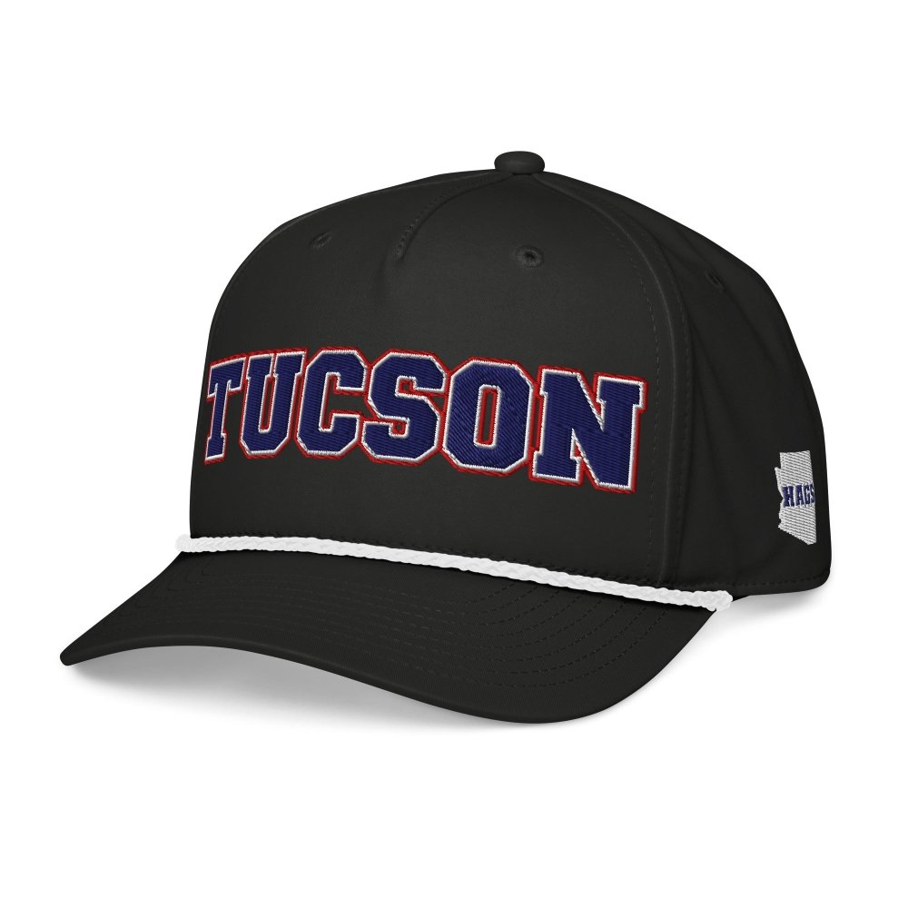 Angled front view of black HAGS Tucson Arizona rope hat, showing navy and red TUCSON lettering and contrasting rope.