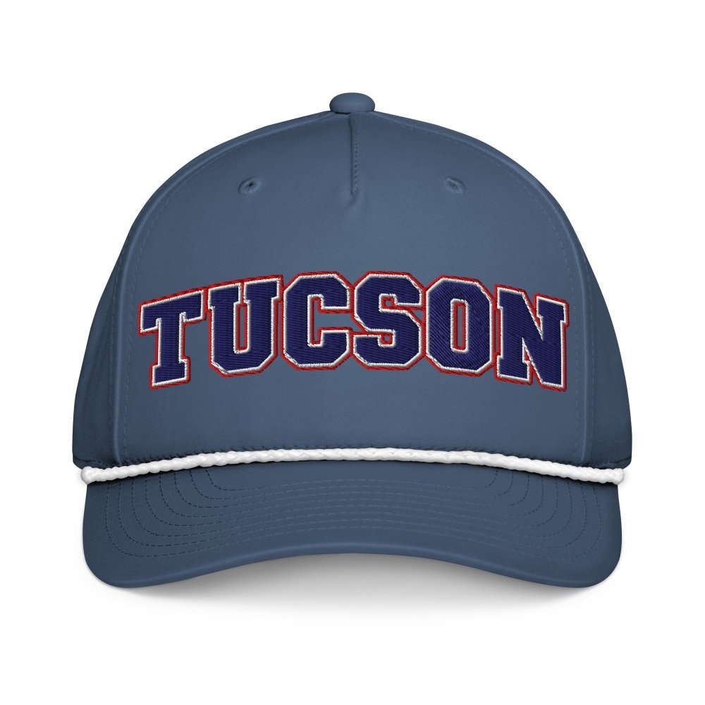 Front view of navy HAGS Tucson Arizona rope hat, showing navy and red TUCSON lettering and contrasting rope.