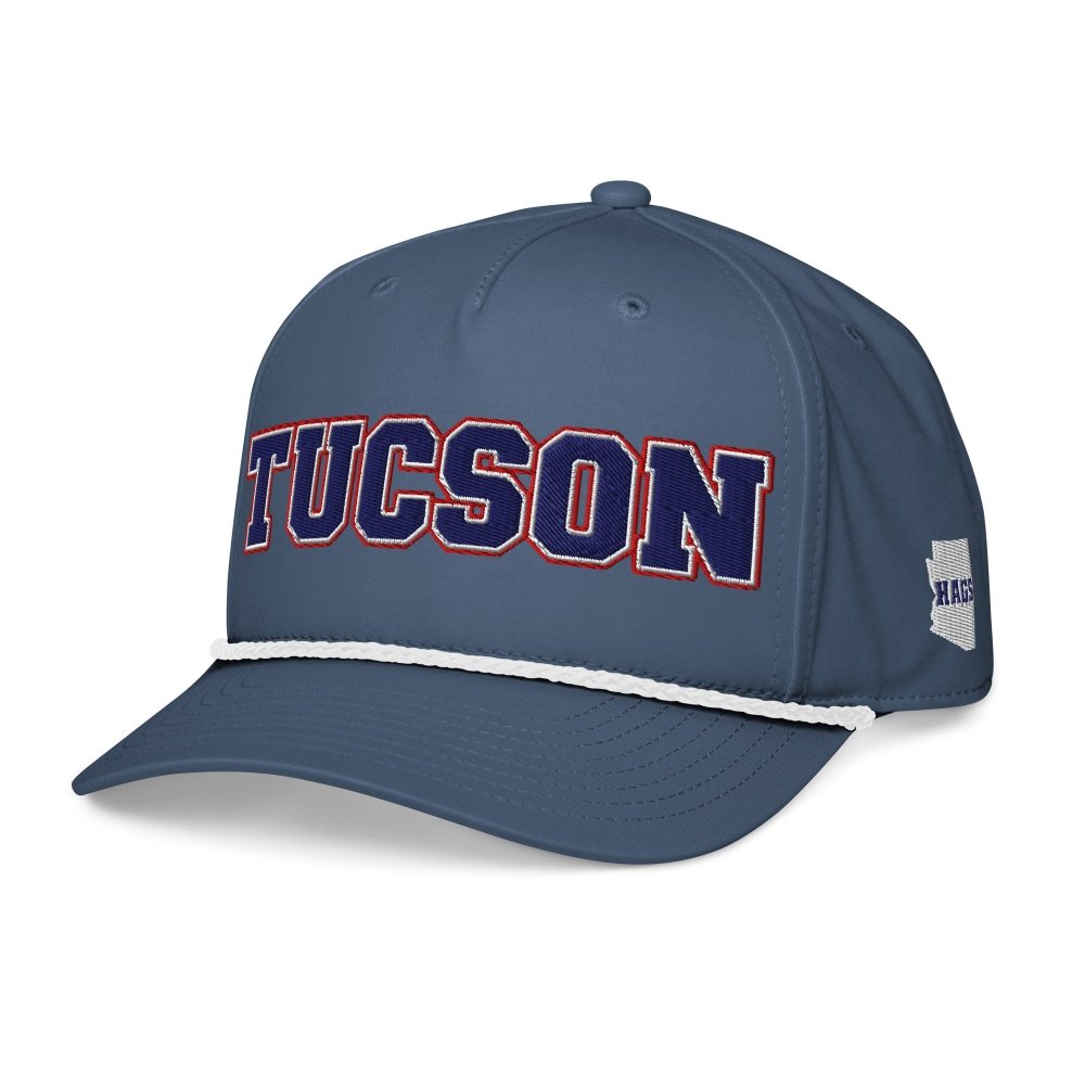 Angled front view of navy HAGS Tucson Arizona rope hat, showing navy and red TUCSON lettering and contrasting rope.