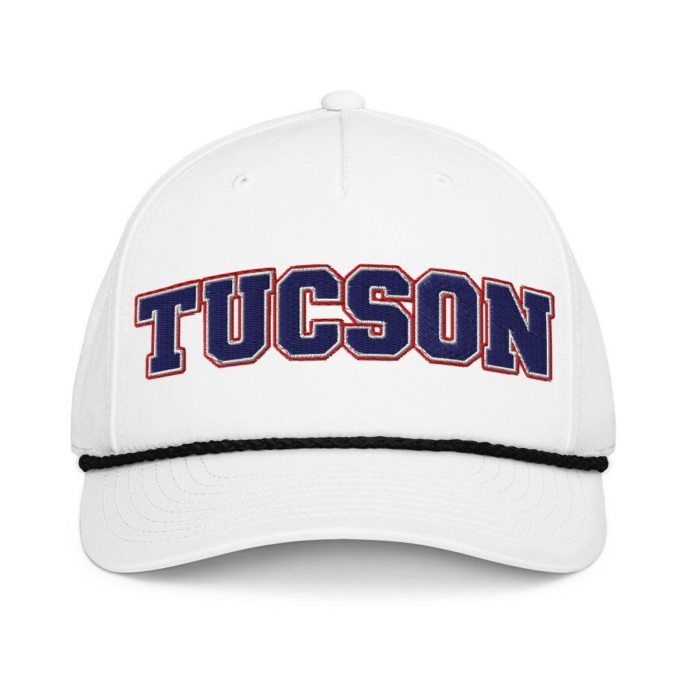 Front view of white HAGS Tucson Arizona rope hat, showing navy and red TUCSON lettering and contrasting rope.