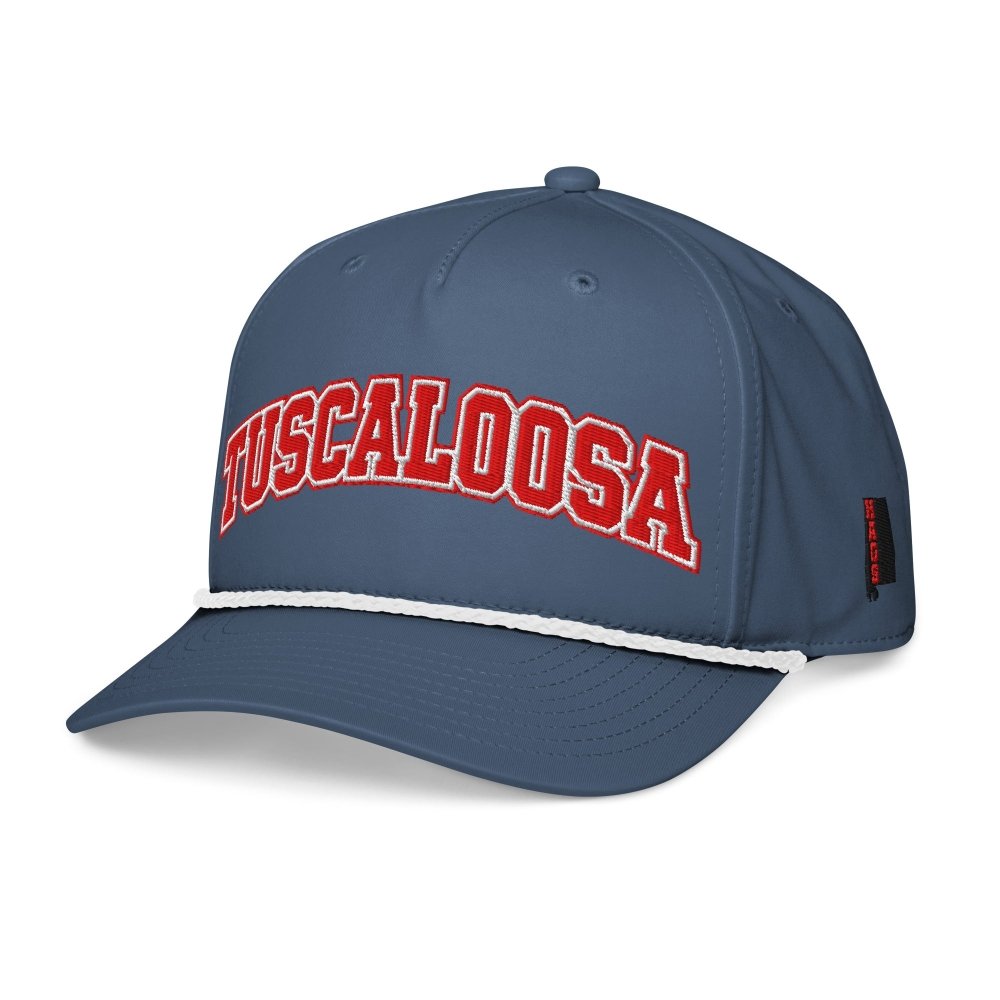 Angled front view of navy HAGS Tuscaloosa Alabama rope hat, showing red TUSCALOOSA lettering.