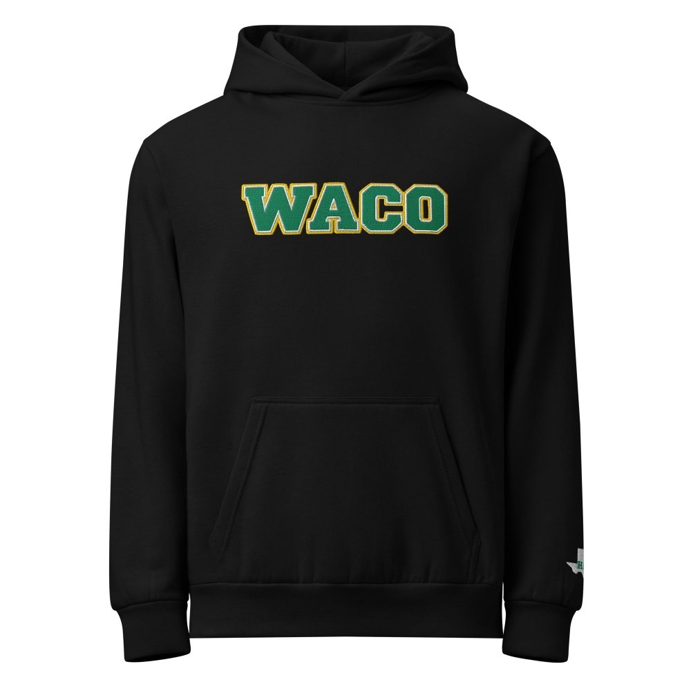 Front view of black HAGS Waco Texas embroidered hoodie, showing green WACO chest lettering.