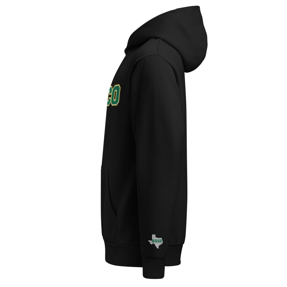 Left-side view of black HAGS Waco Texas embroidered hoodie.