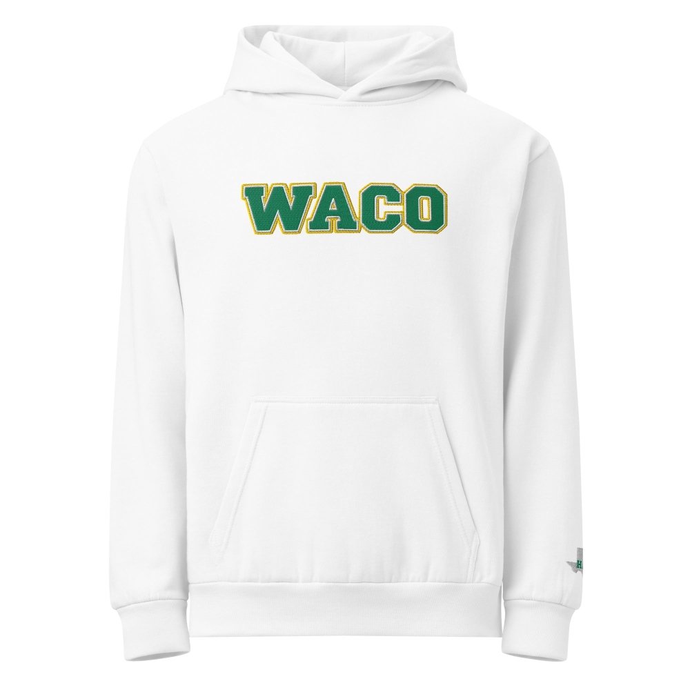 Front view of white HAGS Waco Texas embroidered hoodie, showing green WACO chest lettering.