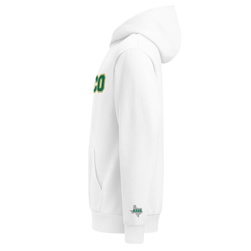 Left-side view of white HAGS Waco Texas embroidered hoodie.