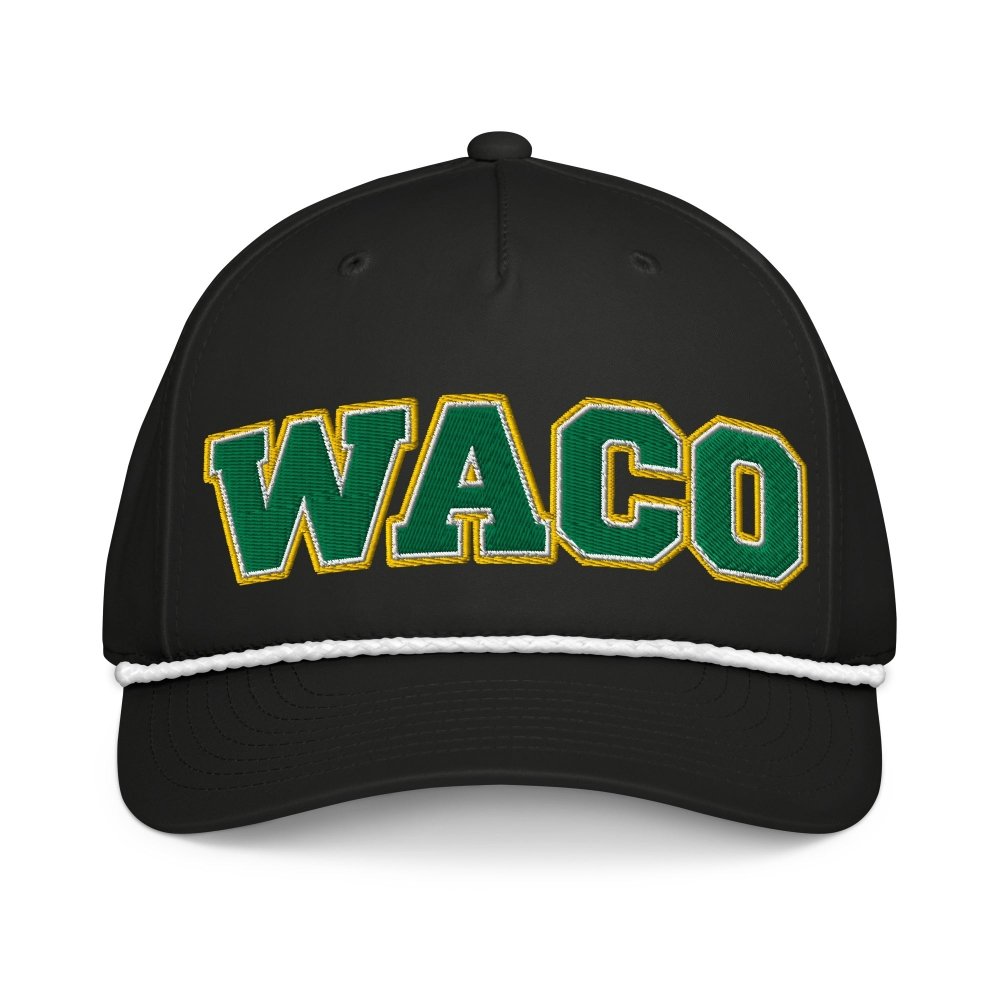 Front view of black HAGS Waco Texas rope hat, showing green and gold WACO lettering and contrasting rope.
