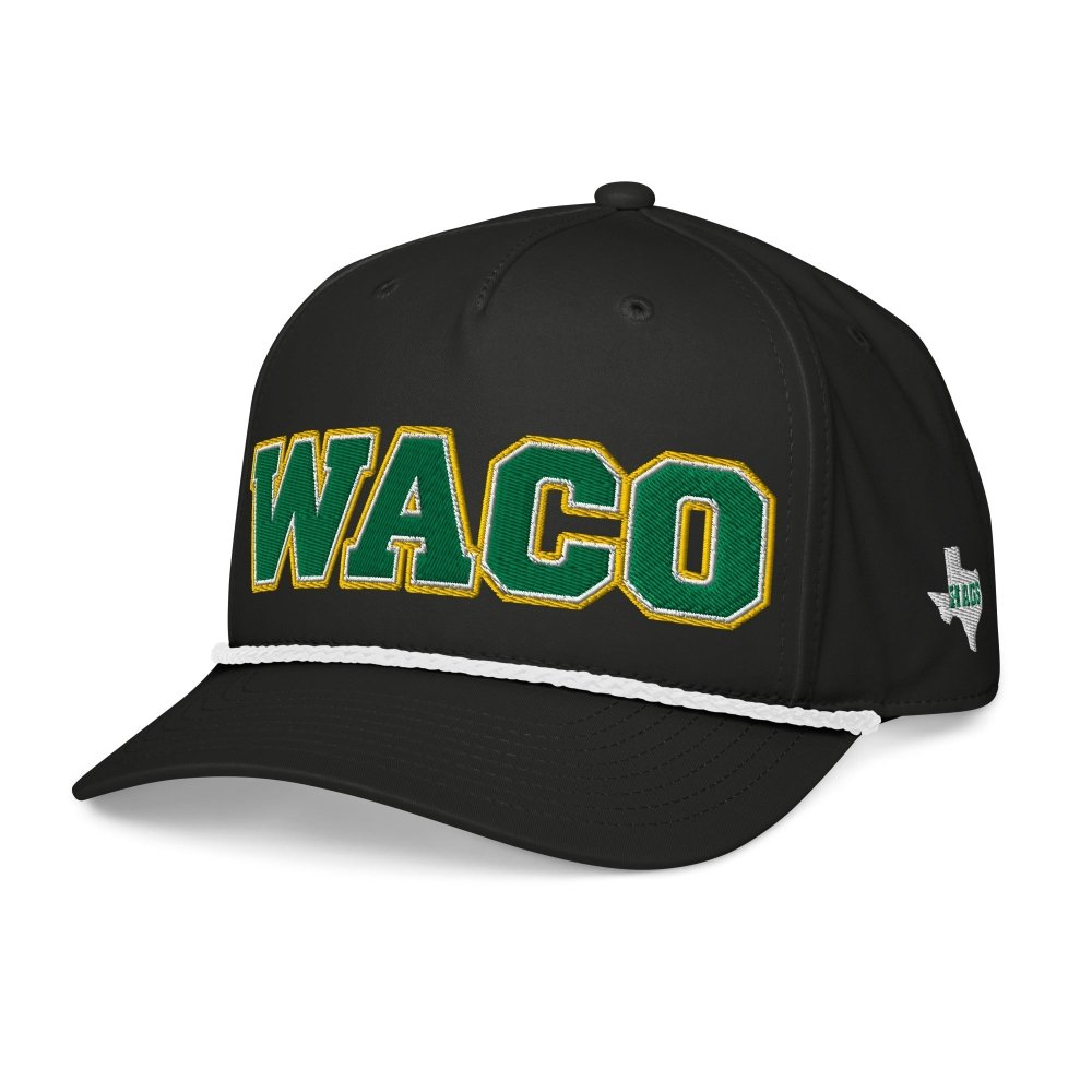 Angled front view of black HAGS Waco Texas rope hat, showing green and gold WACO lettering and contrasting rope.