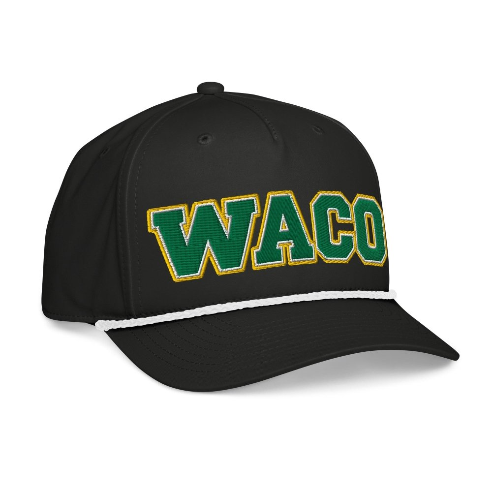 Opposite angled front view of black HAGS Waco Texas rope hat, showing green and gold WACO lettering and contrasting rope.