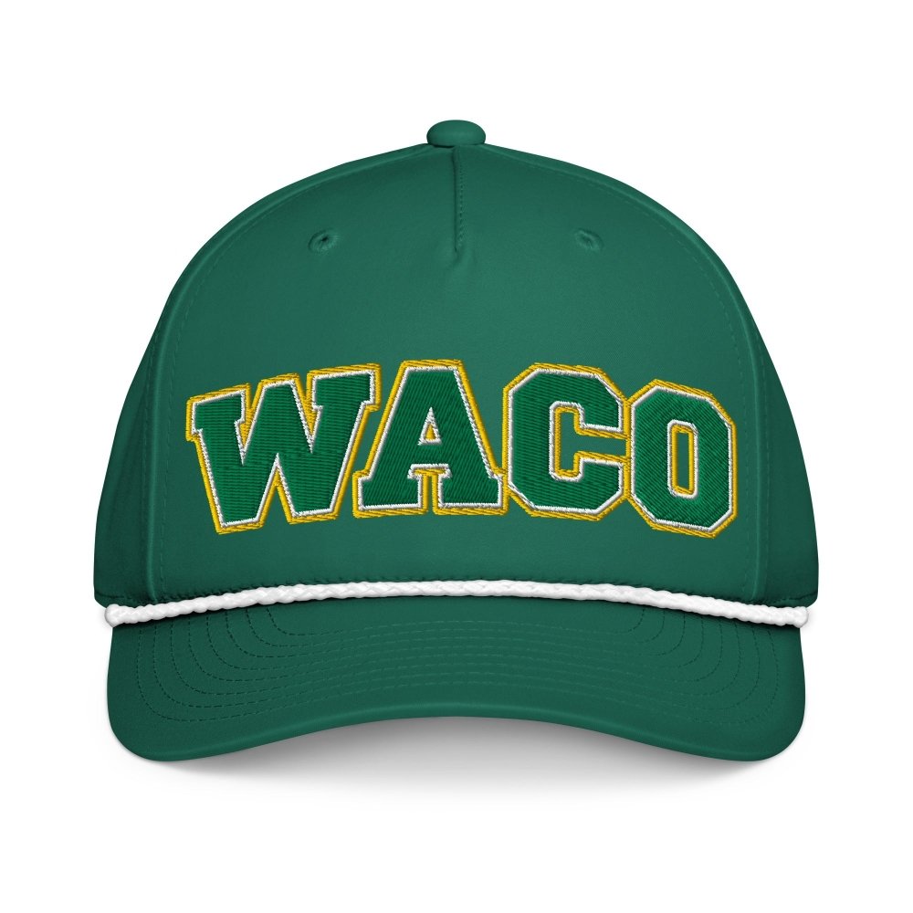 Front view of green HAGS Waco Texas rope hat, showing green and gold WACO lettering and contrasting rope.