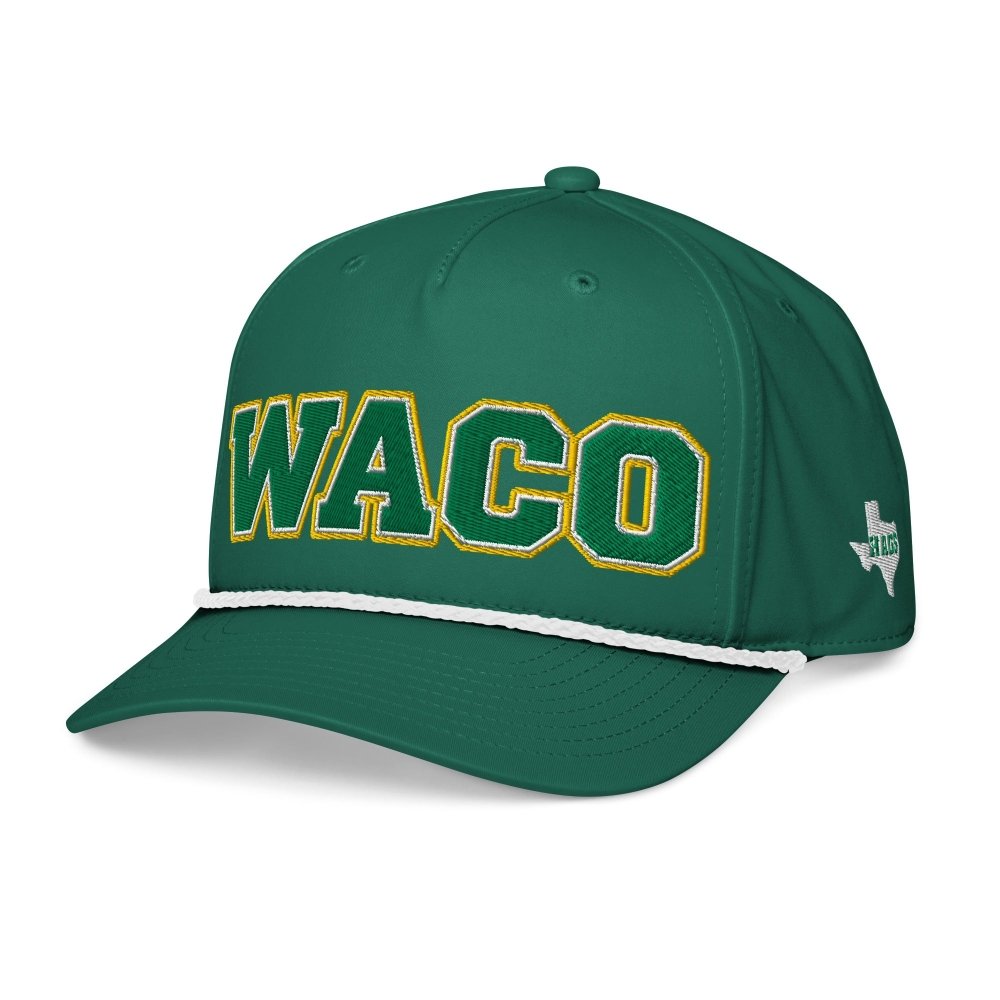 Angled front view of green HAGS Waco Texas rope hat, showing green and gold WACO lettering and contrasting rope.