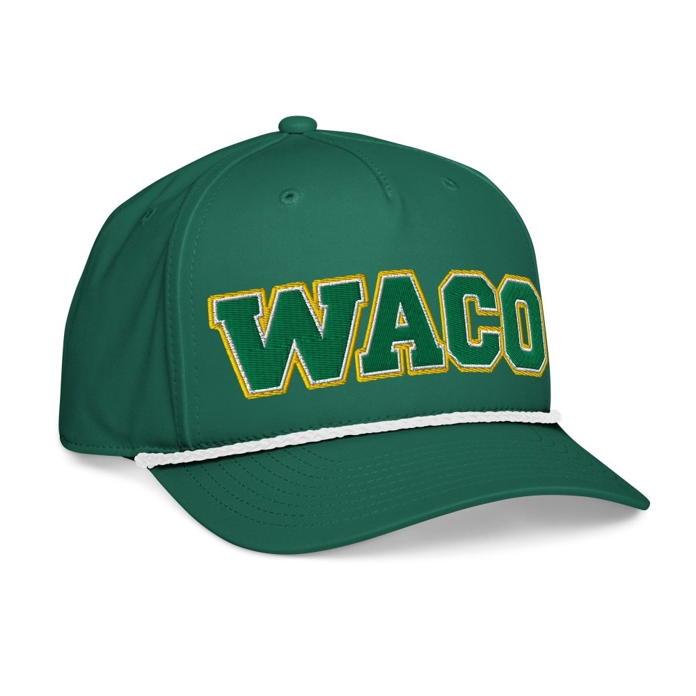 Opposite angled front view of green HAGS Waco Texas rope hat, showing green and gold WACO lettering and contrasting rope.