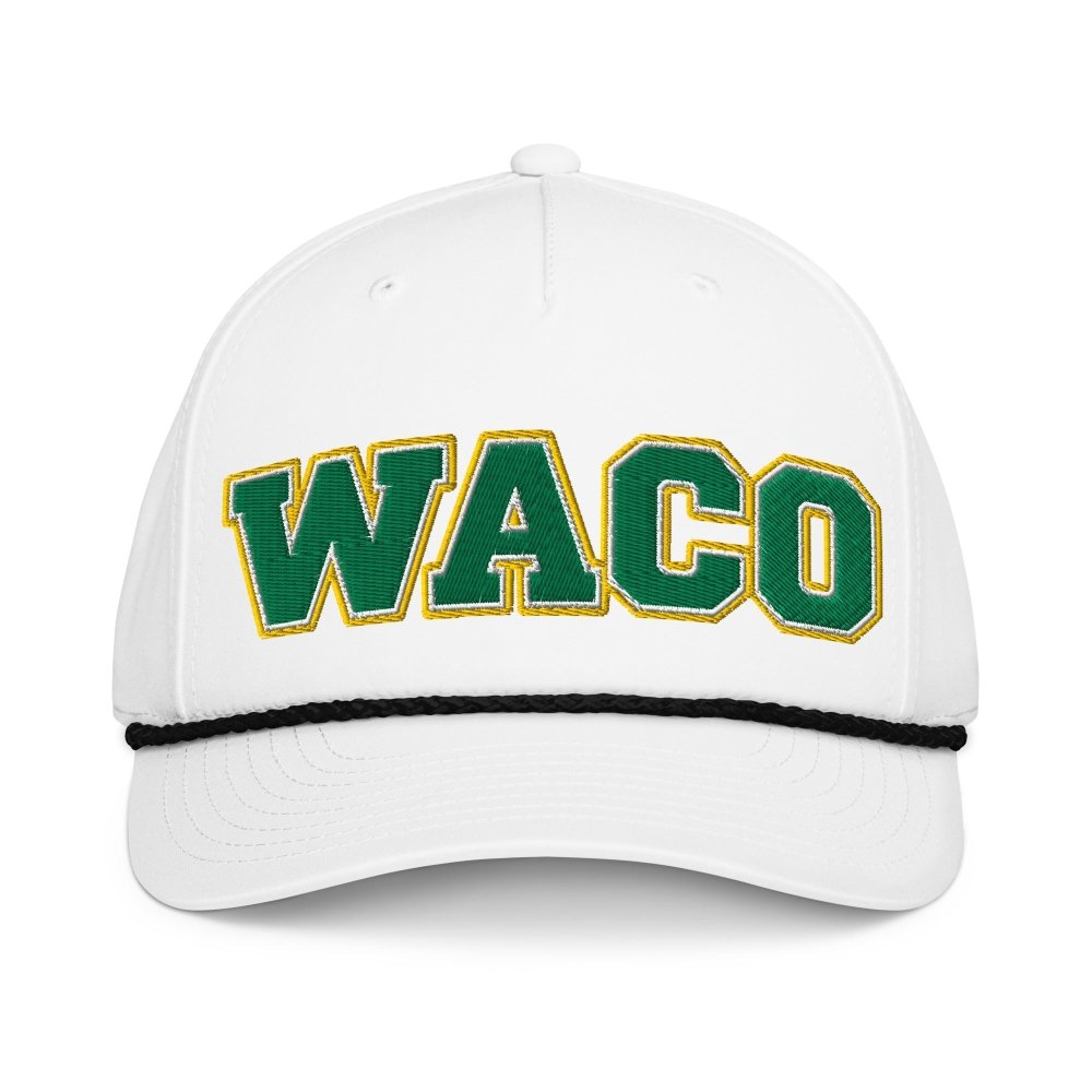 Front view of white HAGS Waco Texas rope hat, showing green and gold WACO lettering and contrasting rope.