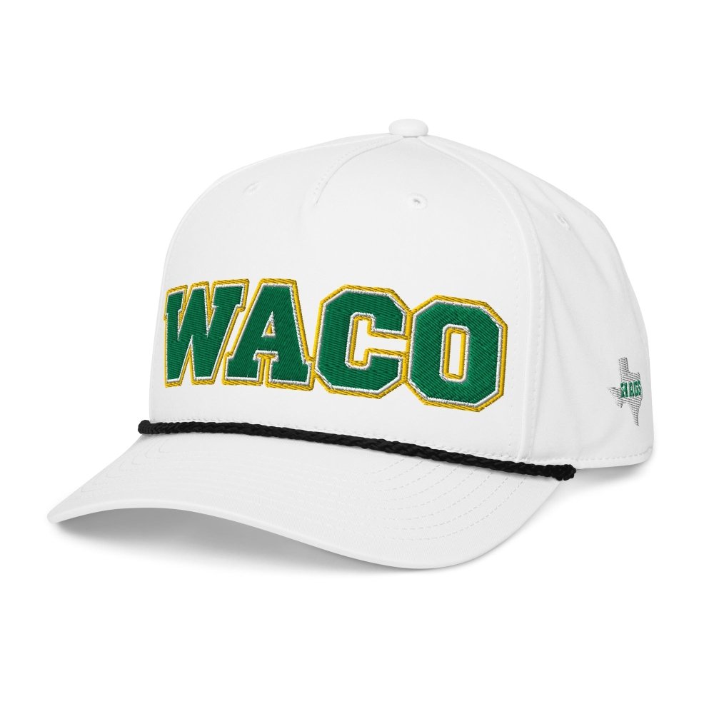 Angled front view of white HAGS Waco Texas rope hat, showing green and gold WACO lettering and contrasting rope.