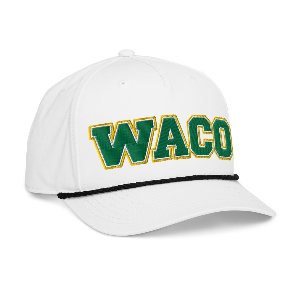 Opposite angled front view of white HAGS Waco Texas rope hat, showing green and gold WACO lettering and contrasting rope.