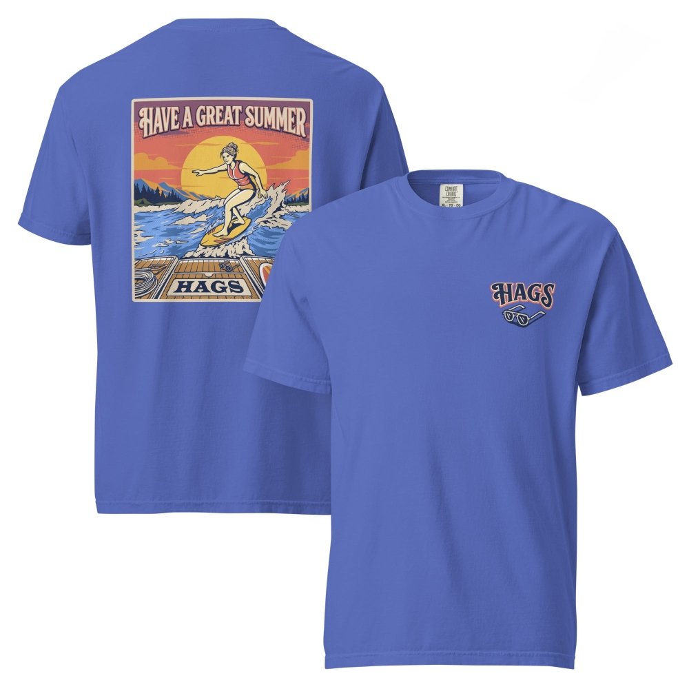 Front and back views of blue HAGS womens wakesurf T-shirt, showing small HAGS chest logo and a wakesurfer riding in front of a sunset.
