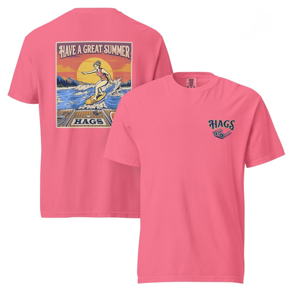 Front and back views of coral HAGS womens wakesurf T-shirt, showing small HAGS chest logo and a wakesurfer riding in front of a sunset.