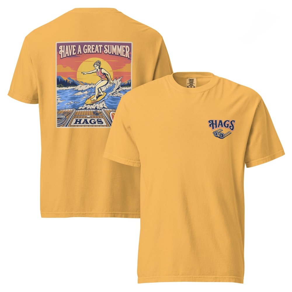 Front and back views of gold HAGS womens wakesurf T-shirt, showing small HAGS chest logo and a wakesurfer riding in front of a sunset.