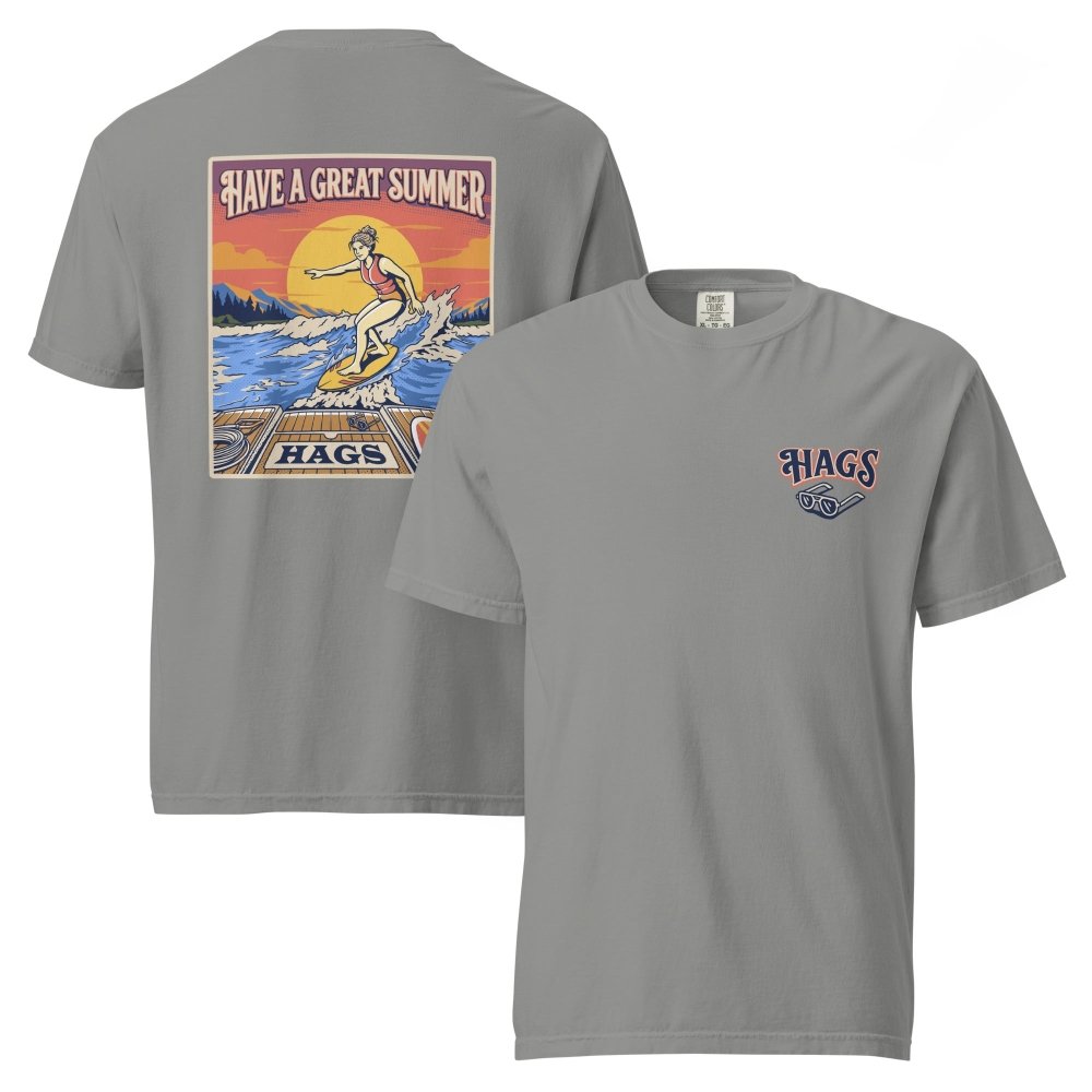 Front and back views of gray HAGS womens wakesurf T-shirt, showing small HAGS chest logo and a wakesurfer riding in front of a sunset.