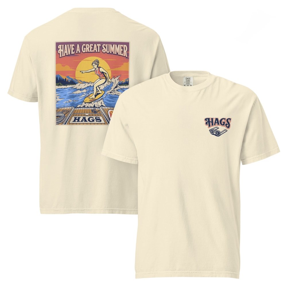 Front and back views of ivory HAGS womens wakesurf T-shirt, showing small HAGS chest logo and a wakesurfer riding in front of a sunset.