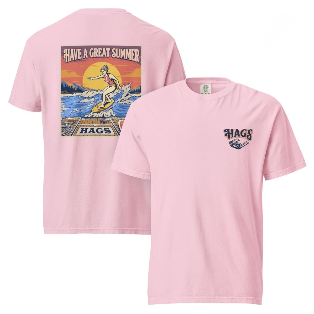 Front and back views of pink HAGS womens wakesurf T-shirt, showing small HAGS chest logo and a wakesurfer riding in front of a sunset.