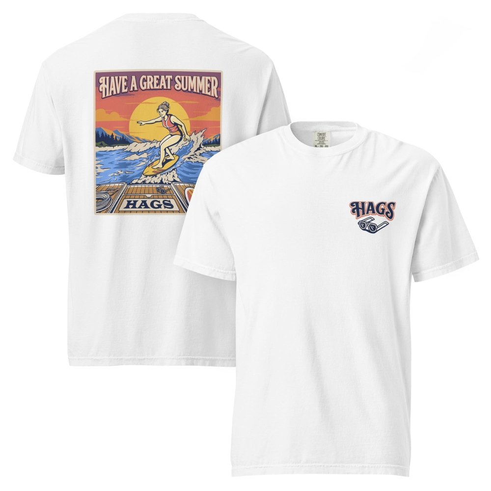 Front and back views of white HAGS womens wakesurf T-shirt, showing small HAGS chest logo and a wakesurfer riding in front of a sunset.