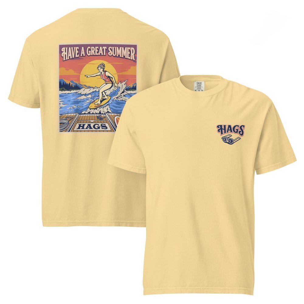 Front and back views of yellow HAGS womens wakesurf T-shirt, showing small HAGS chest logo and a wakesurfer riding in front of a sunset.