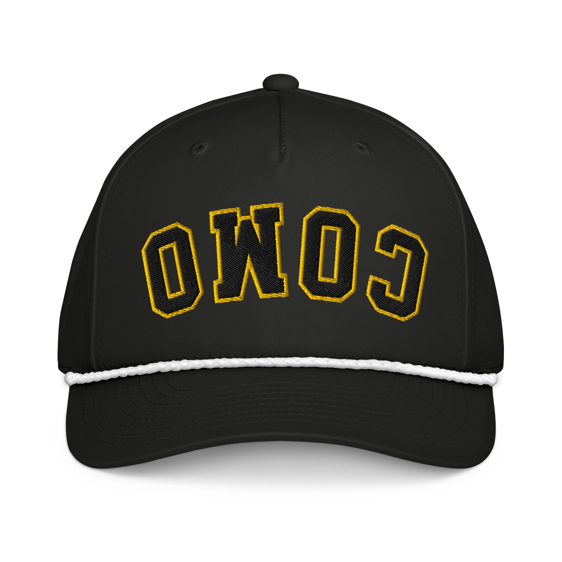 HAGS COMO Rope Hat black and gold 3D puff embroidered cap front angled view
