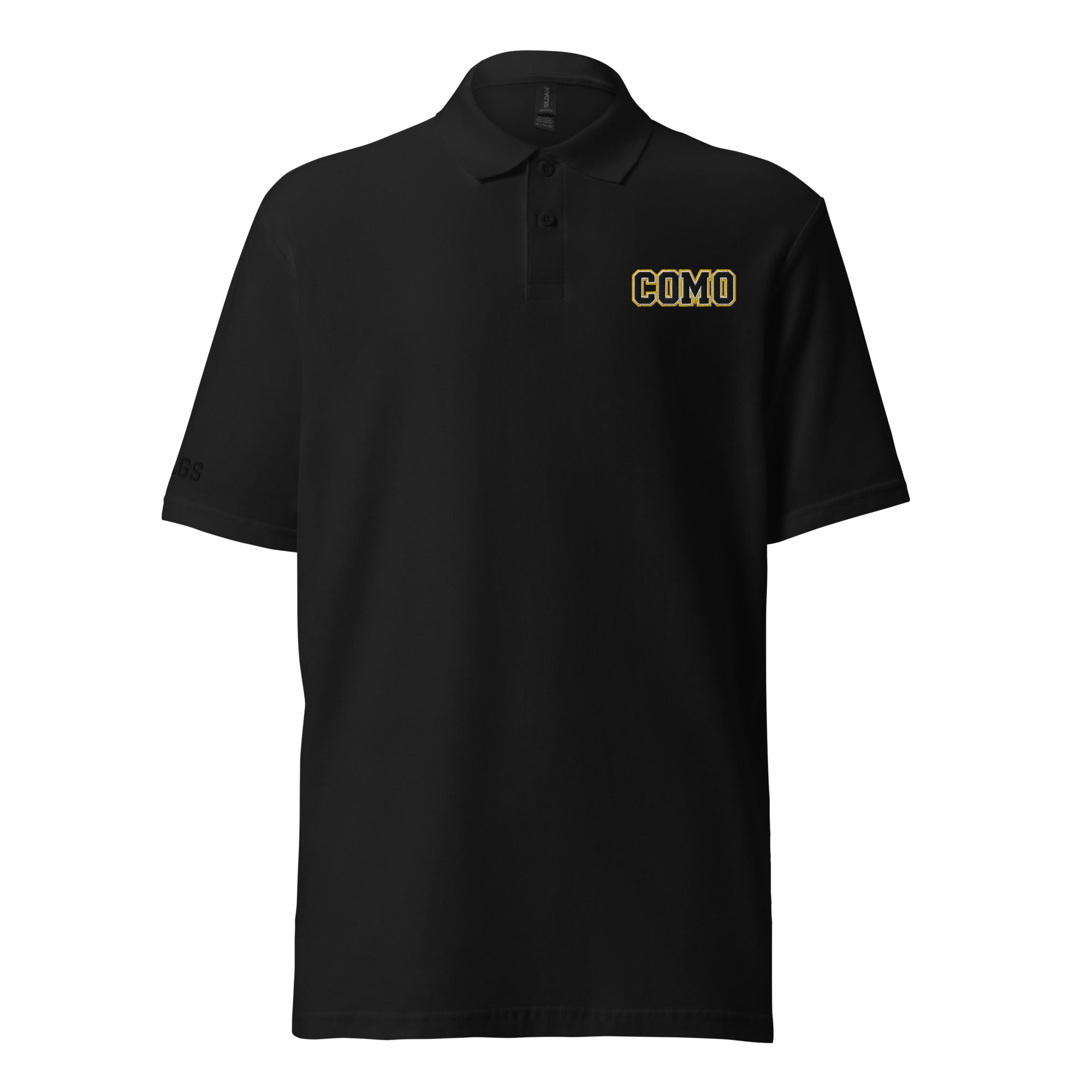 HAGS COMO Embroidered Polo black shirt front view with gold logo