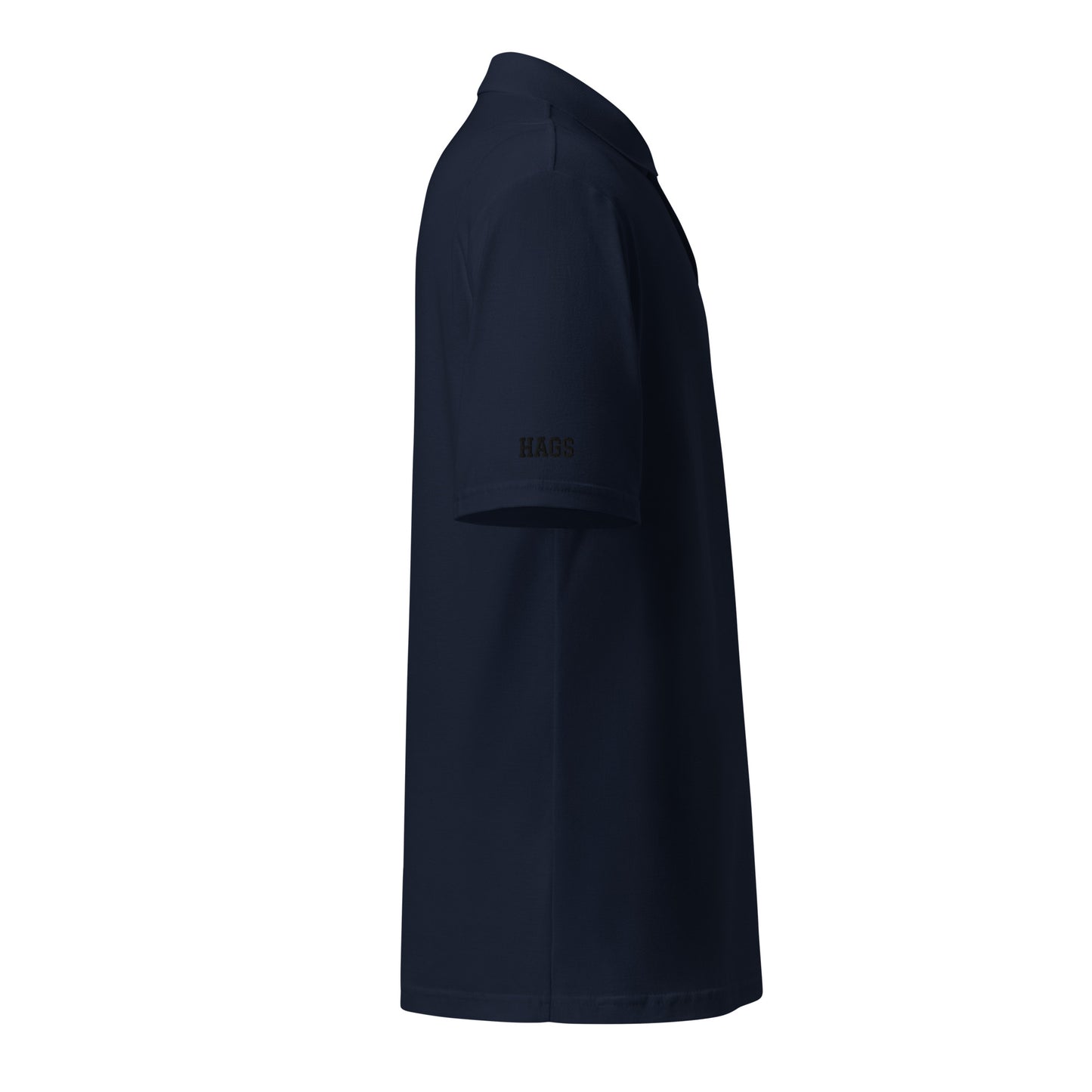 HAGS COMO Polo navy side view showing embroidered COMO text
