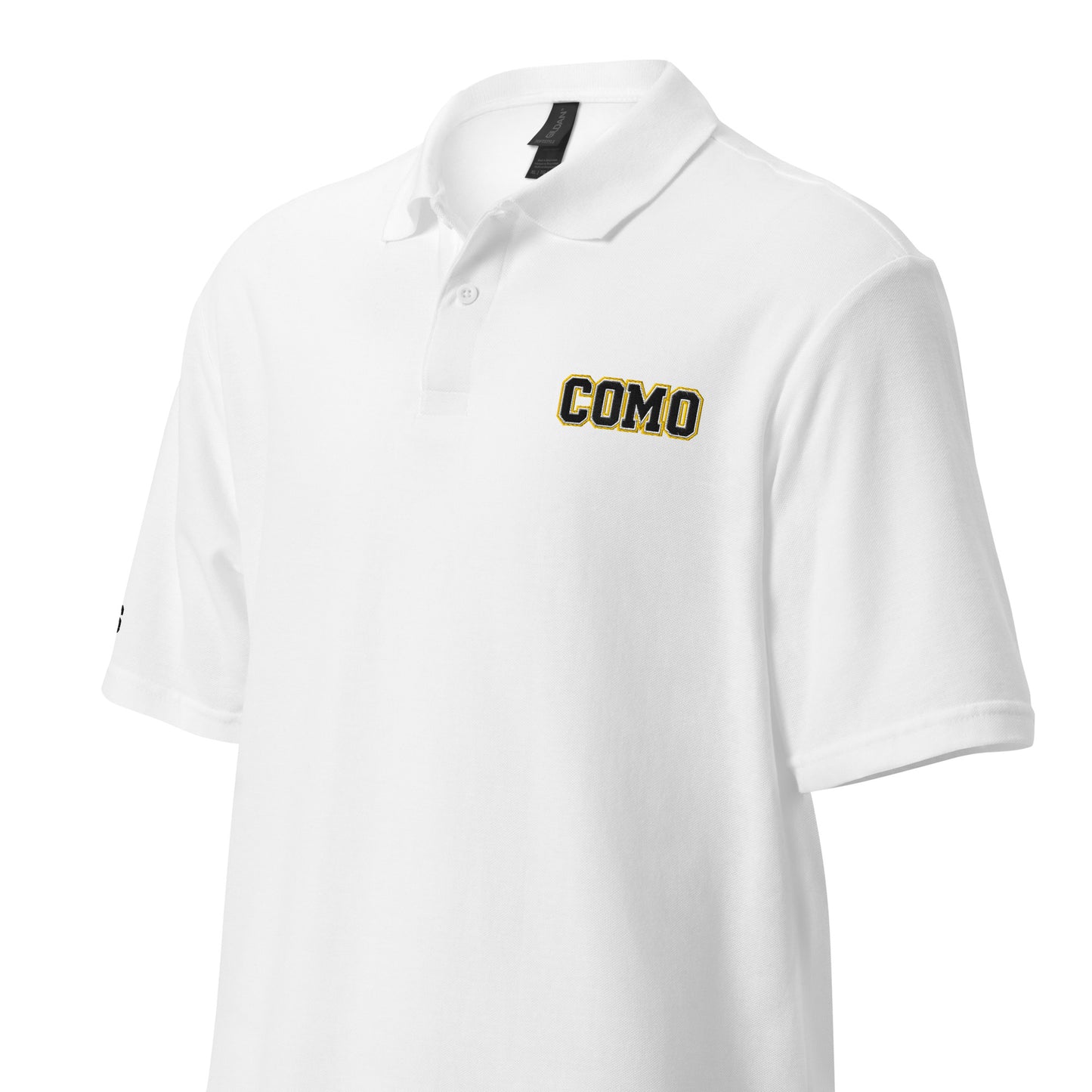 White HAGS COMO Polo angled front view showing embroidery