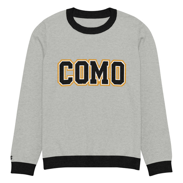 HAGS COMO Classic Knit Crewneck Sweater in gray with black trim and gold collegiate lettering
