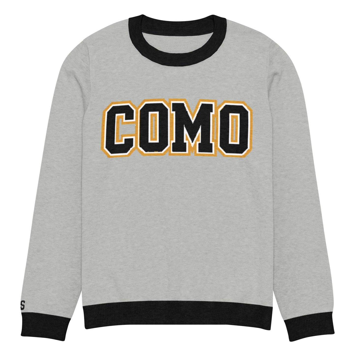 HAGS COMO Classic Knit Crewneck Sweater in gray with black trim and gold collegiate lettering
