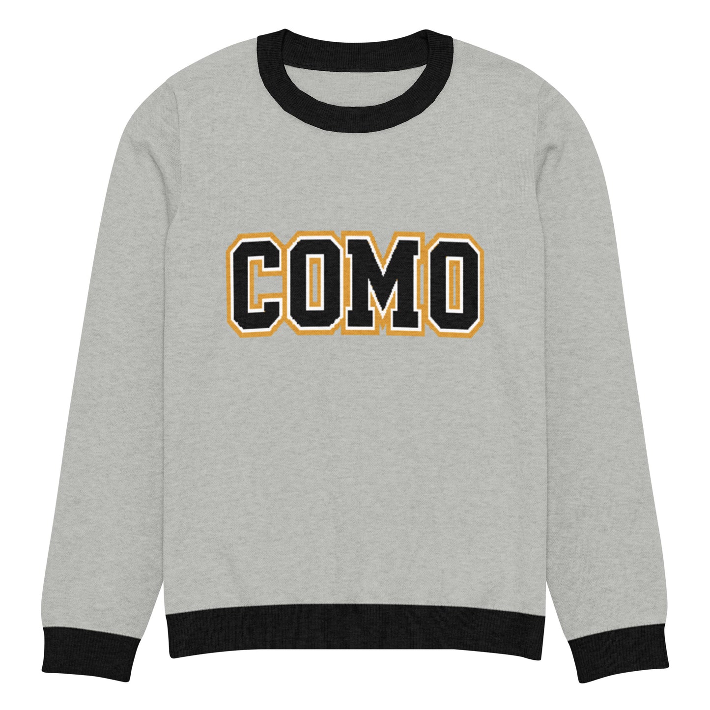 HAGS COMO Classic Knit Crewneck Sweater in gray with black trim and gold collegiate lettering

