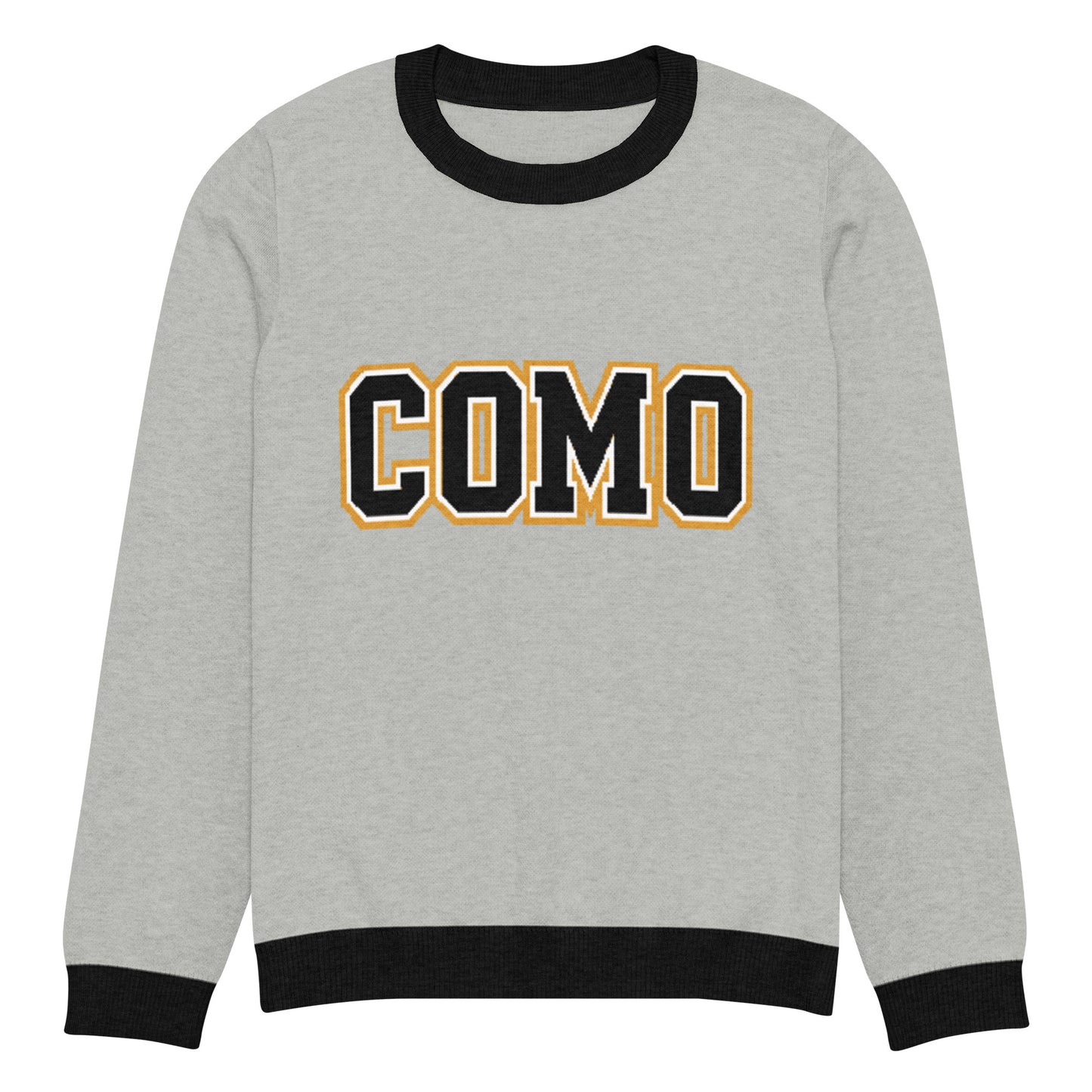 HAGS COMO Classic Knit Crewneck Sweater in gray with black trim and gold collegiate lettering
