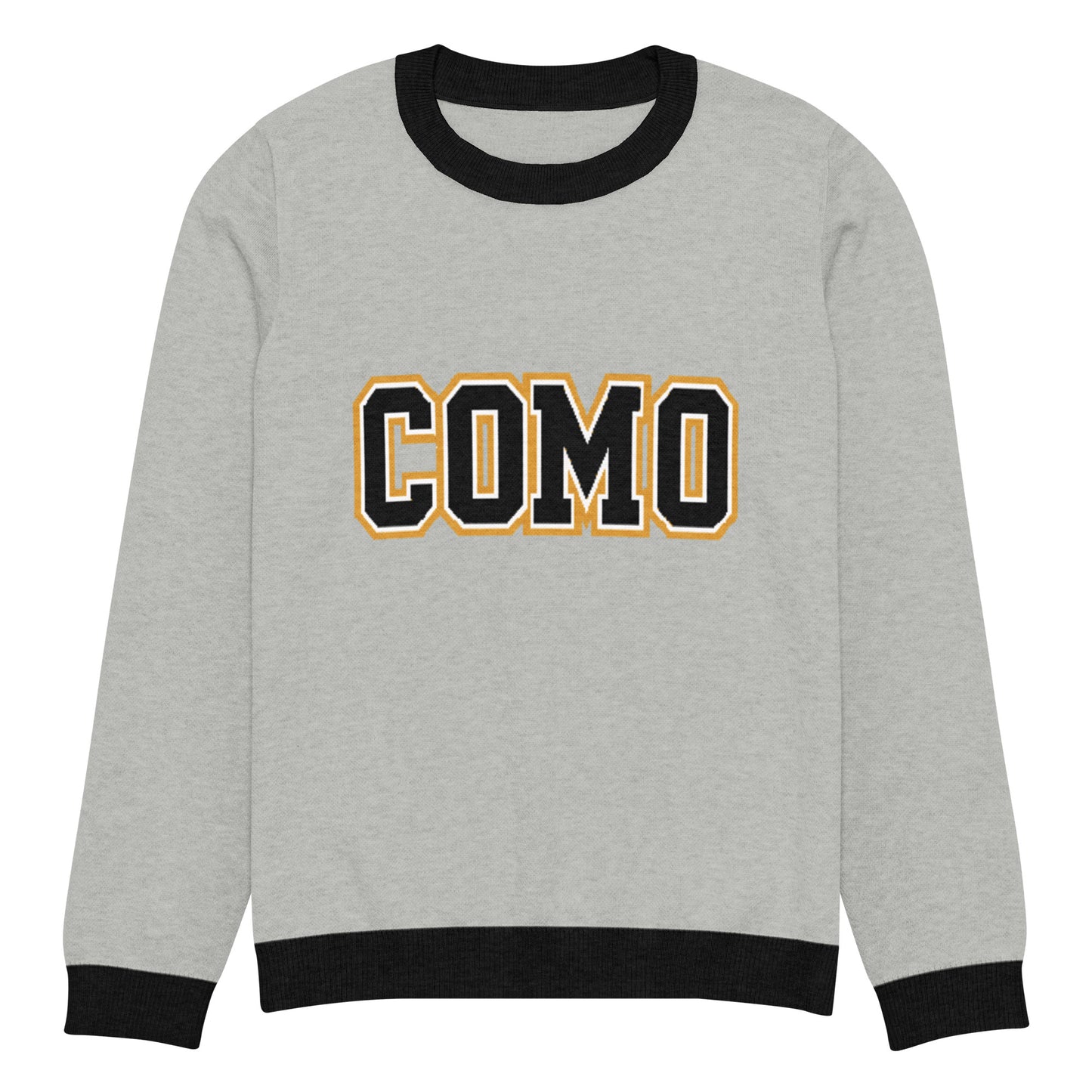 HAGS COMO Classic Knit Crewneck Sweater in gray with black trim and gold collegiate lettering
