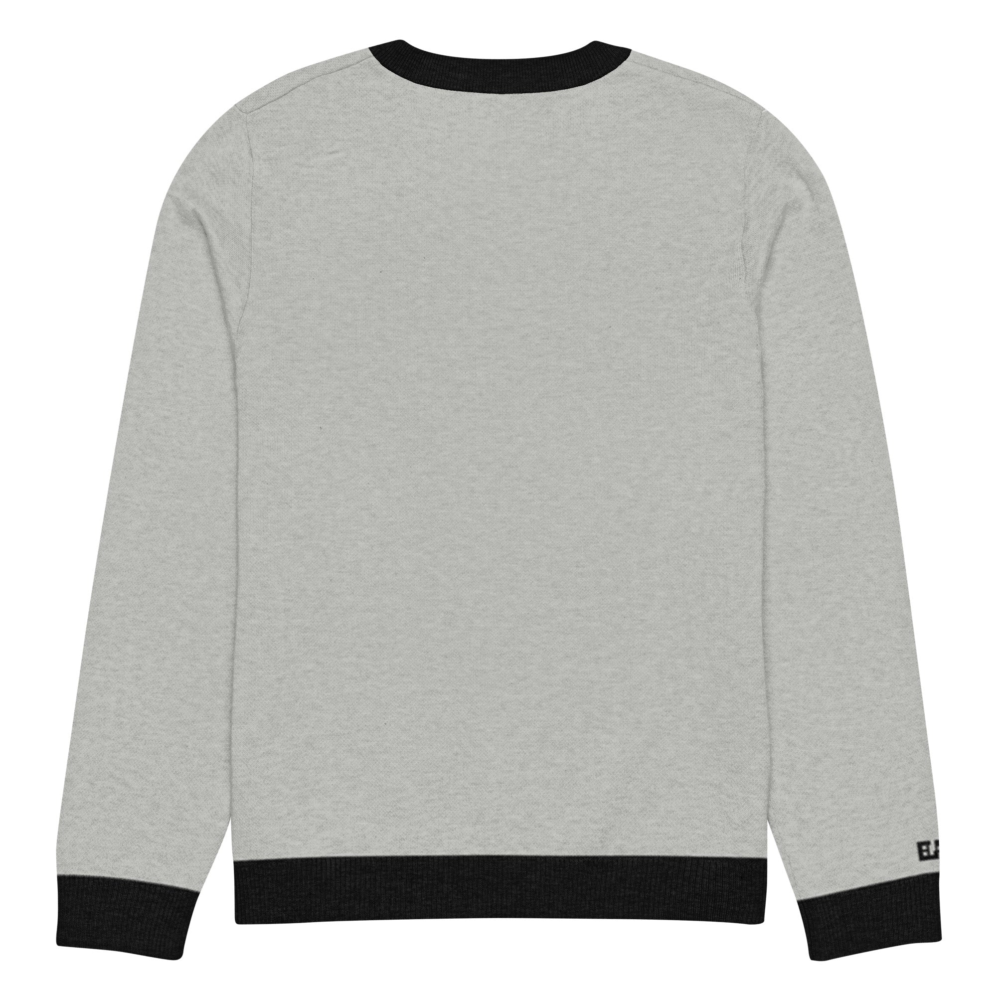 HAGS COMO Classic Knit Crewneck Sweater in gray with black trim and gold collegiate lettering
