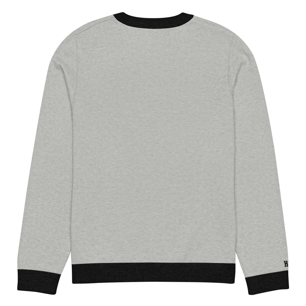 HAGS COMO Classic Knit Crewneck Sweater in gray with black trim and gold collegiate lettering

