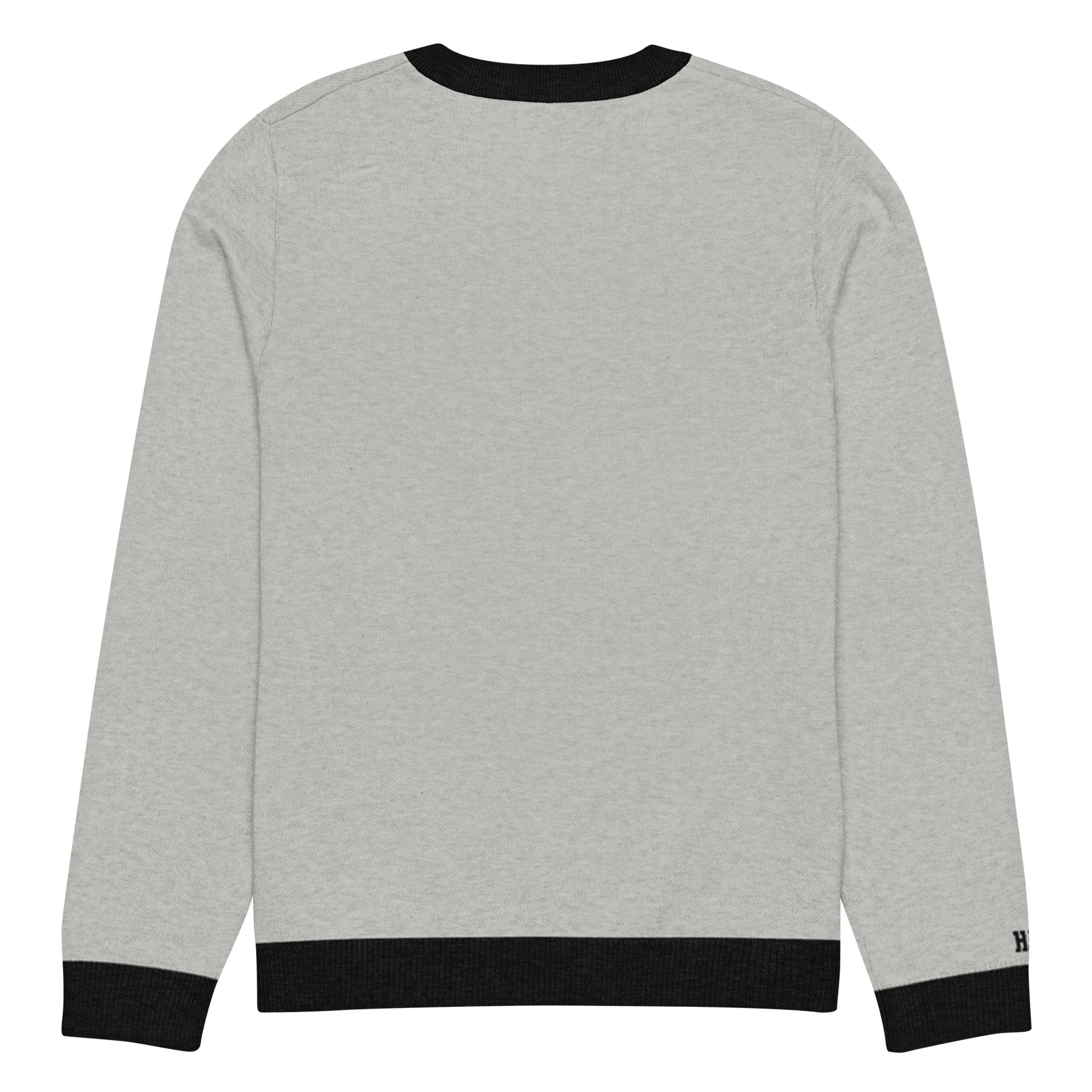 HAGS COMO Classic Knit Crewneck Sweater in gray with black trim and gold collegiate lettering
