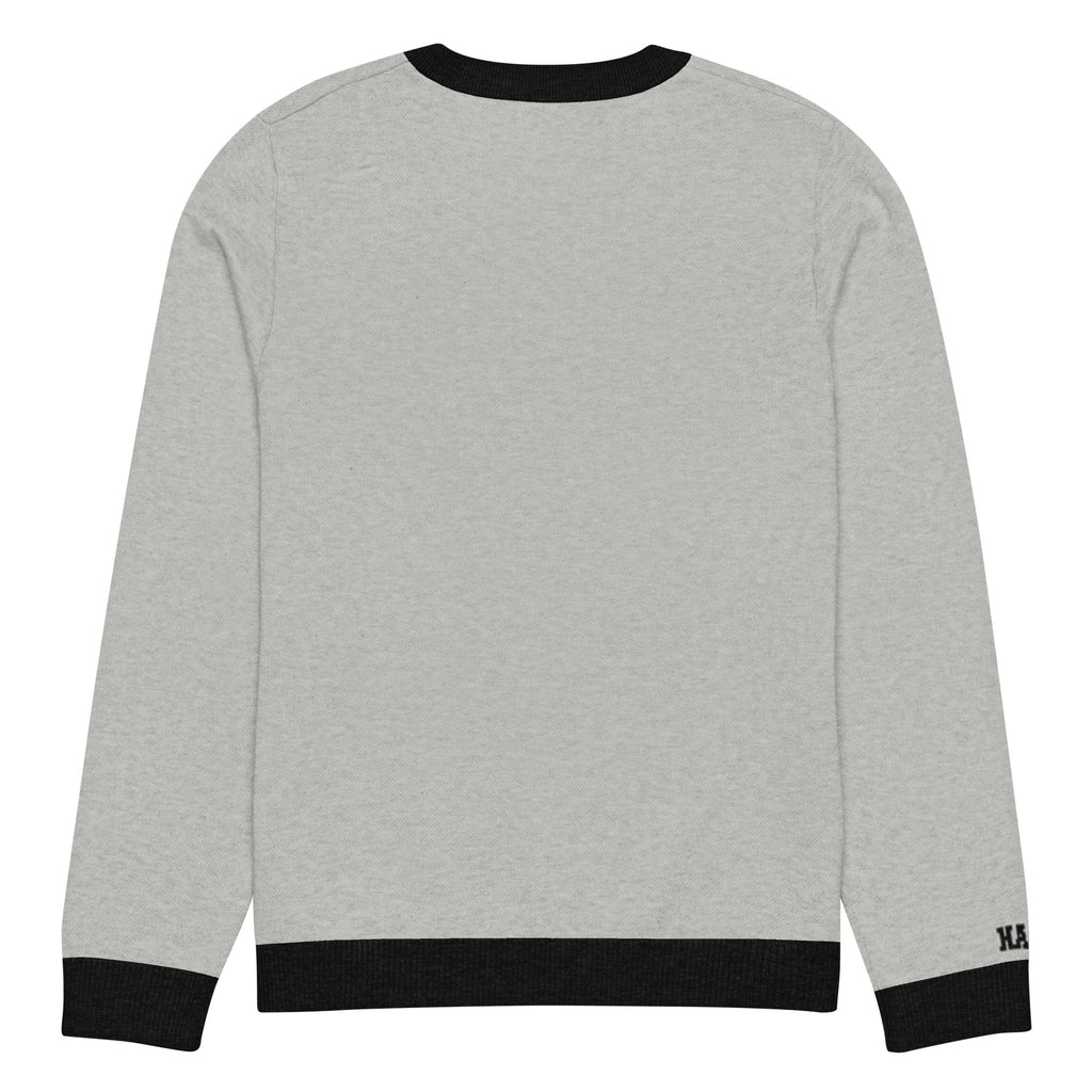 HAGS COMO Classic Knit Crewneck Sweater in gray with black trim and gold collegiate lettering
