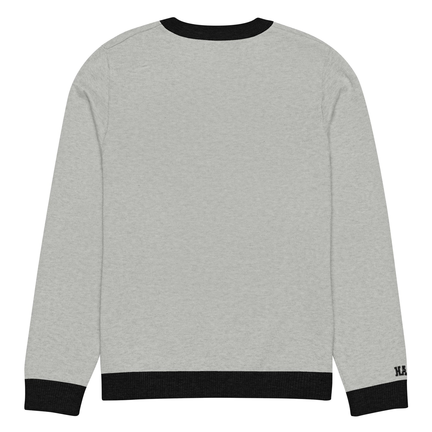 HAGS COMO Classic Knit Crewneck Sweater in gray with black trim and gold collegiate lettering
