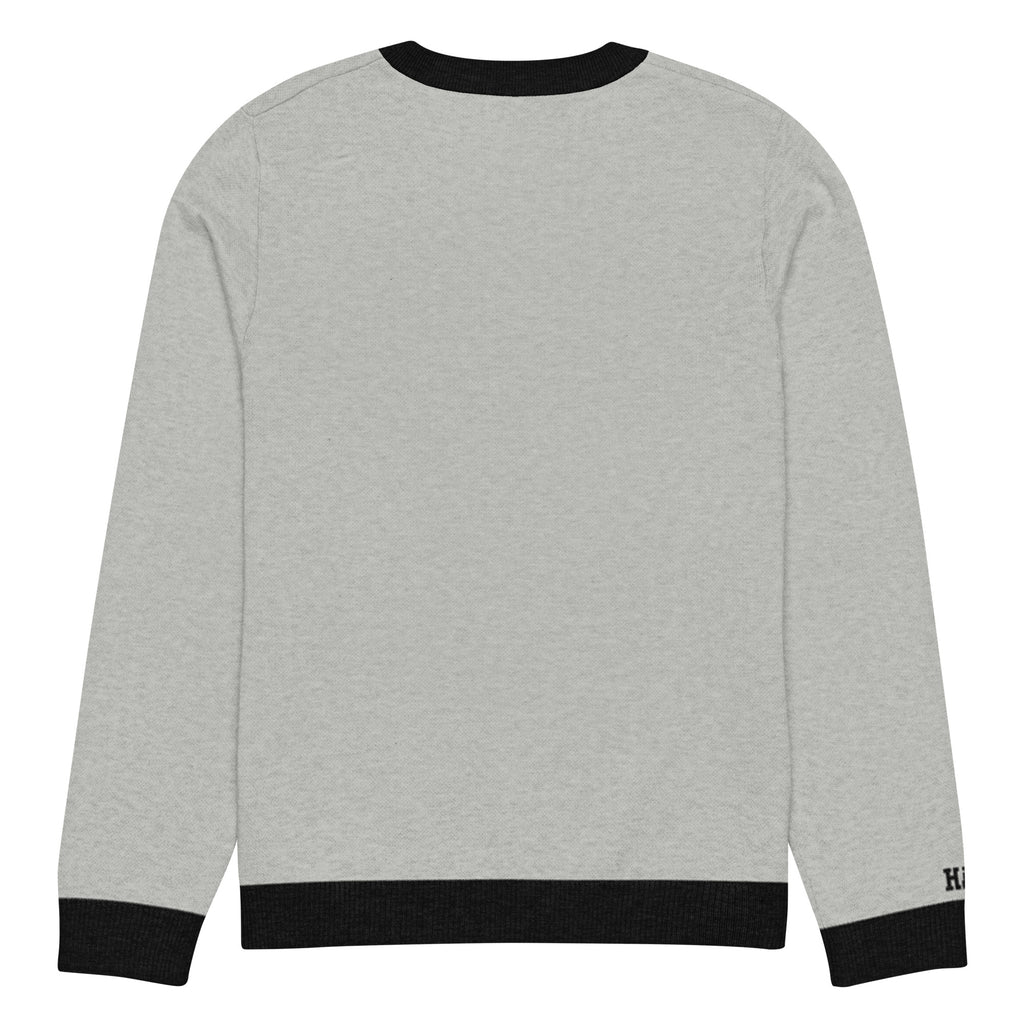 HAGS COMO Classic Knit Crewneck Sweater in gray with black trim and gold collegiate lettering
