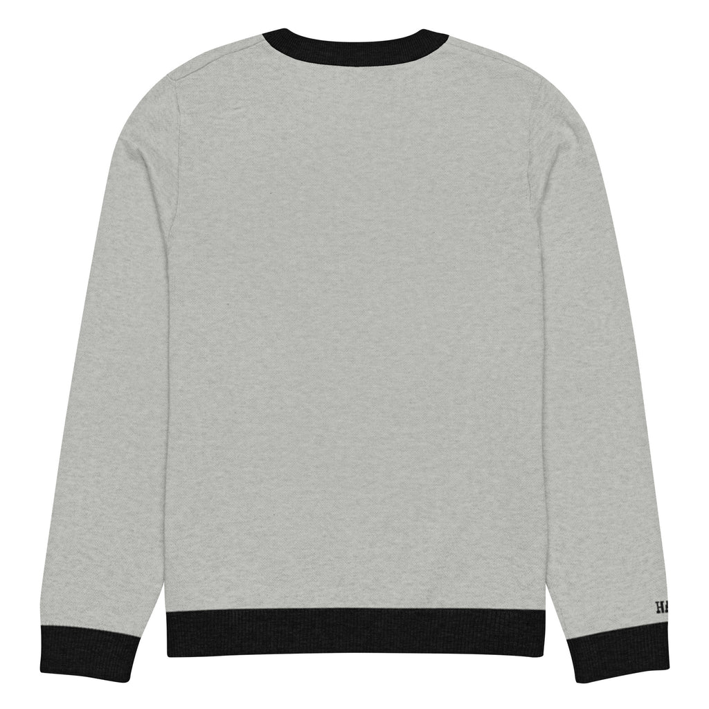 HAGS COMO Classic Knit Crewneck Sweater in gray with black trim and gold collegiate lettering
