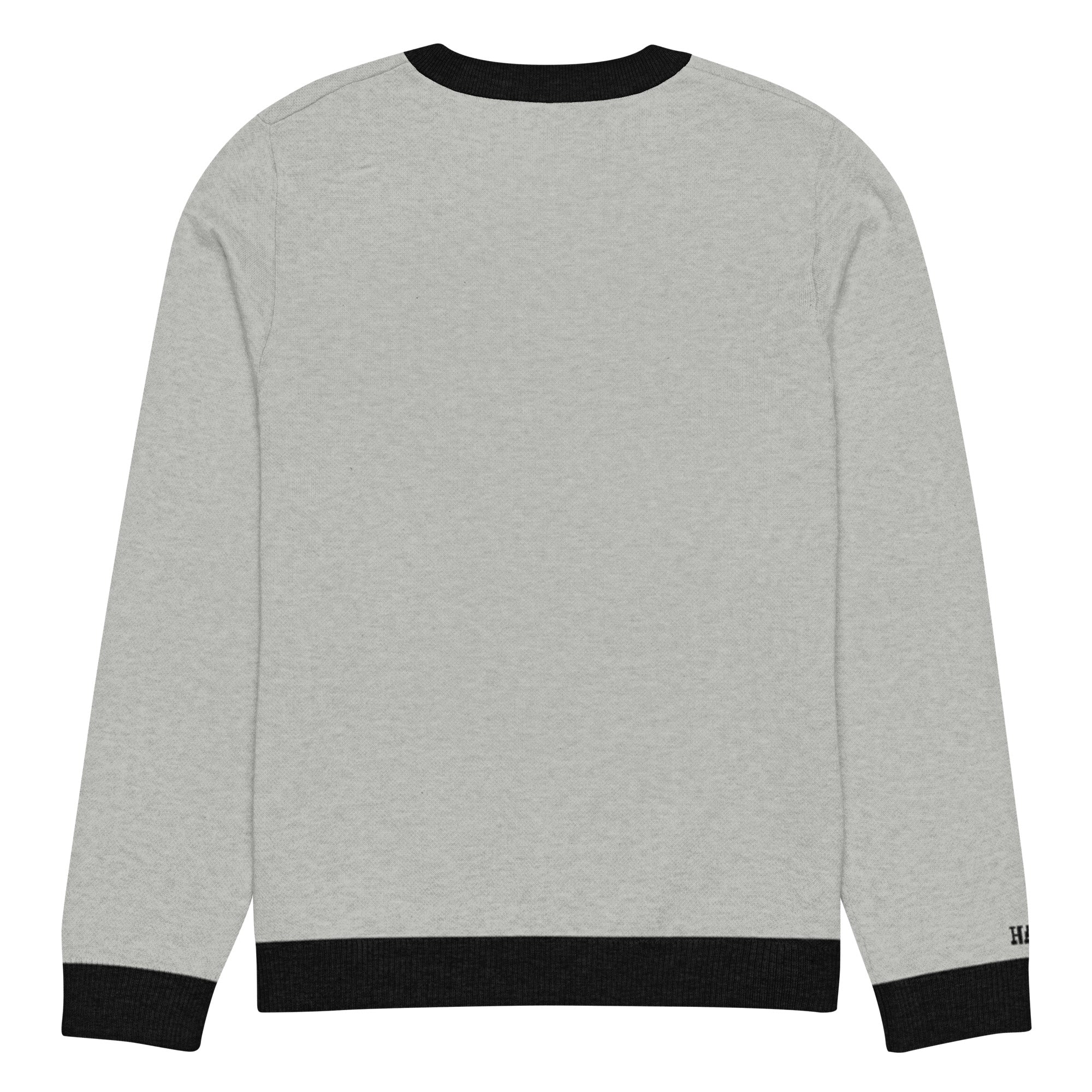 HAGS COMO Classic Knit Crewneck Sweater in gray with black trim and gold collegiate lettering
