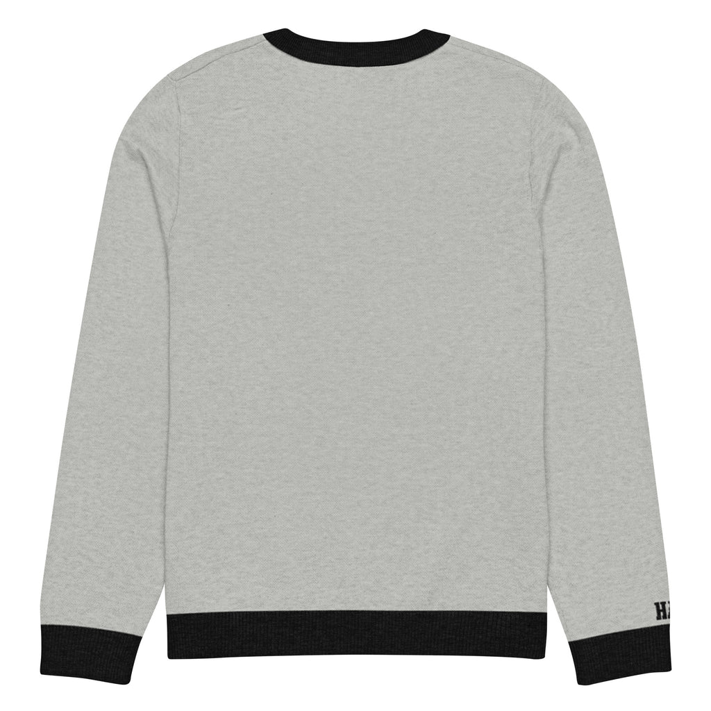 HAGS COMO Classic Knit Crewneck Sweater in gray with black trim and gold collegiate lettering
