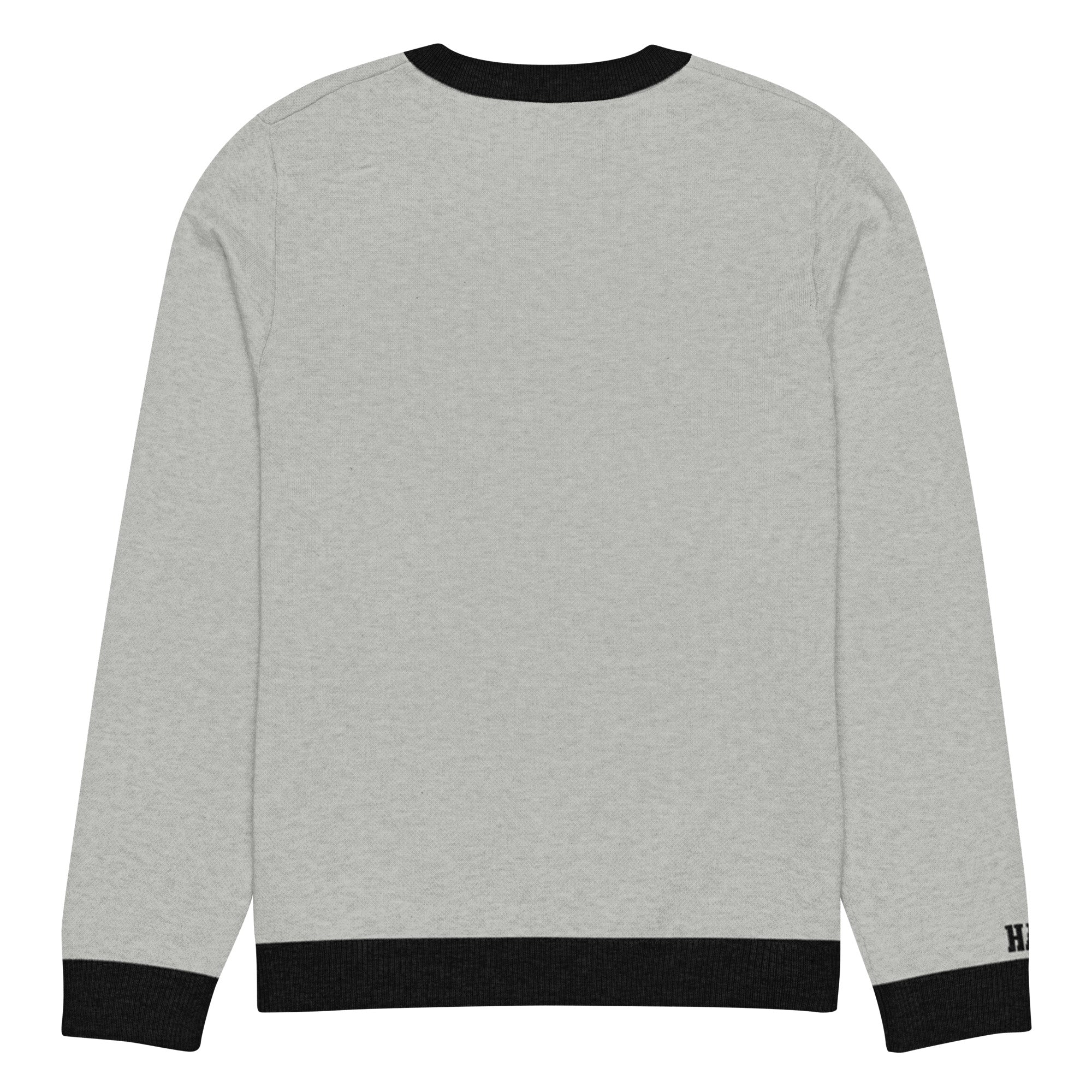 HAGS COMO Classic Knit Crewneck Sweater in gray with black trim and gold collegiate lettering
