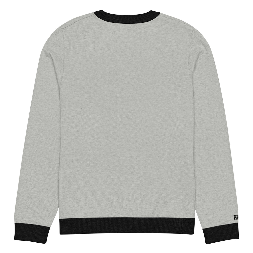 HAGS COMO Classic Knit Crewneck Sweater in gray with black trim and gold collegiate lettering
