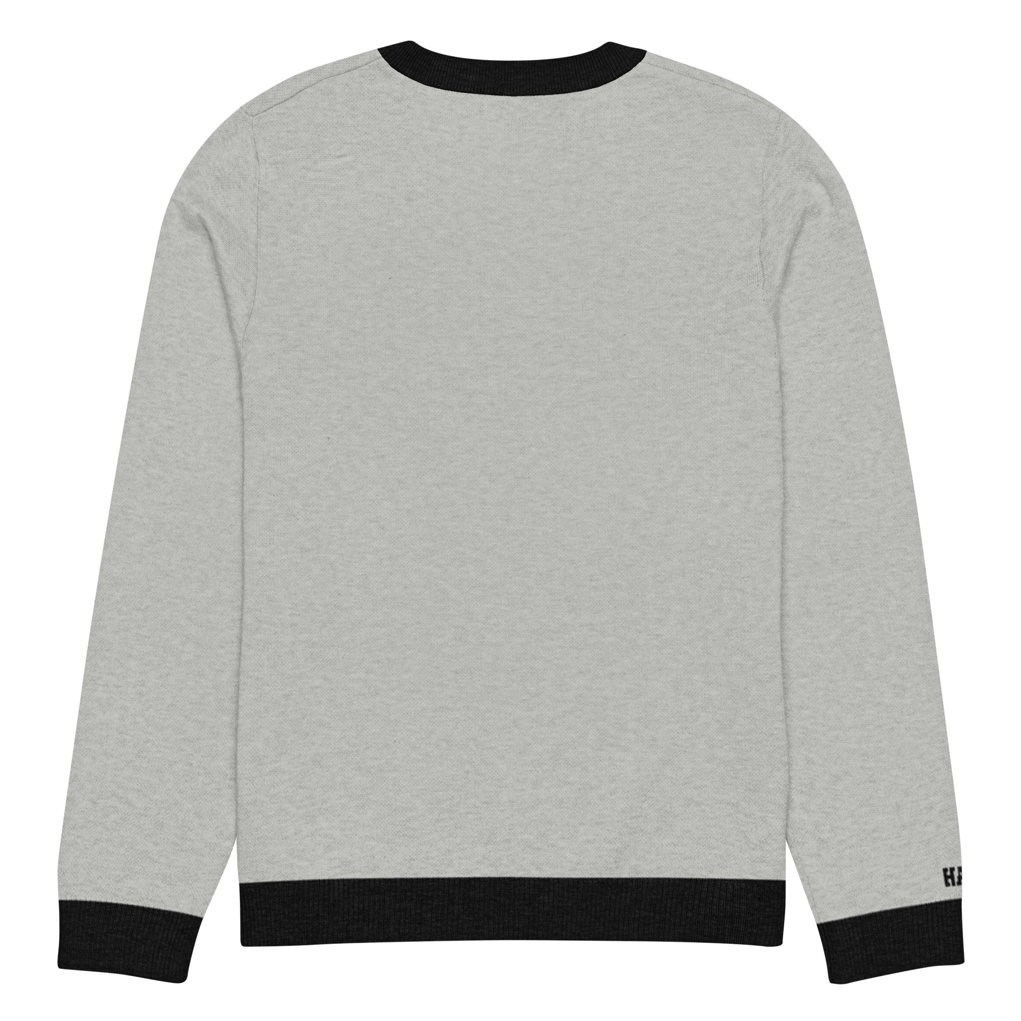 HAGS COMO Classic Knit Crewneck Sweater in gray with black trim and gold collegiate lettering
