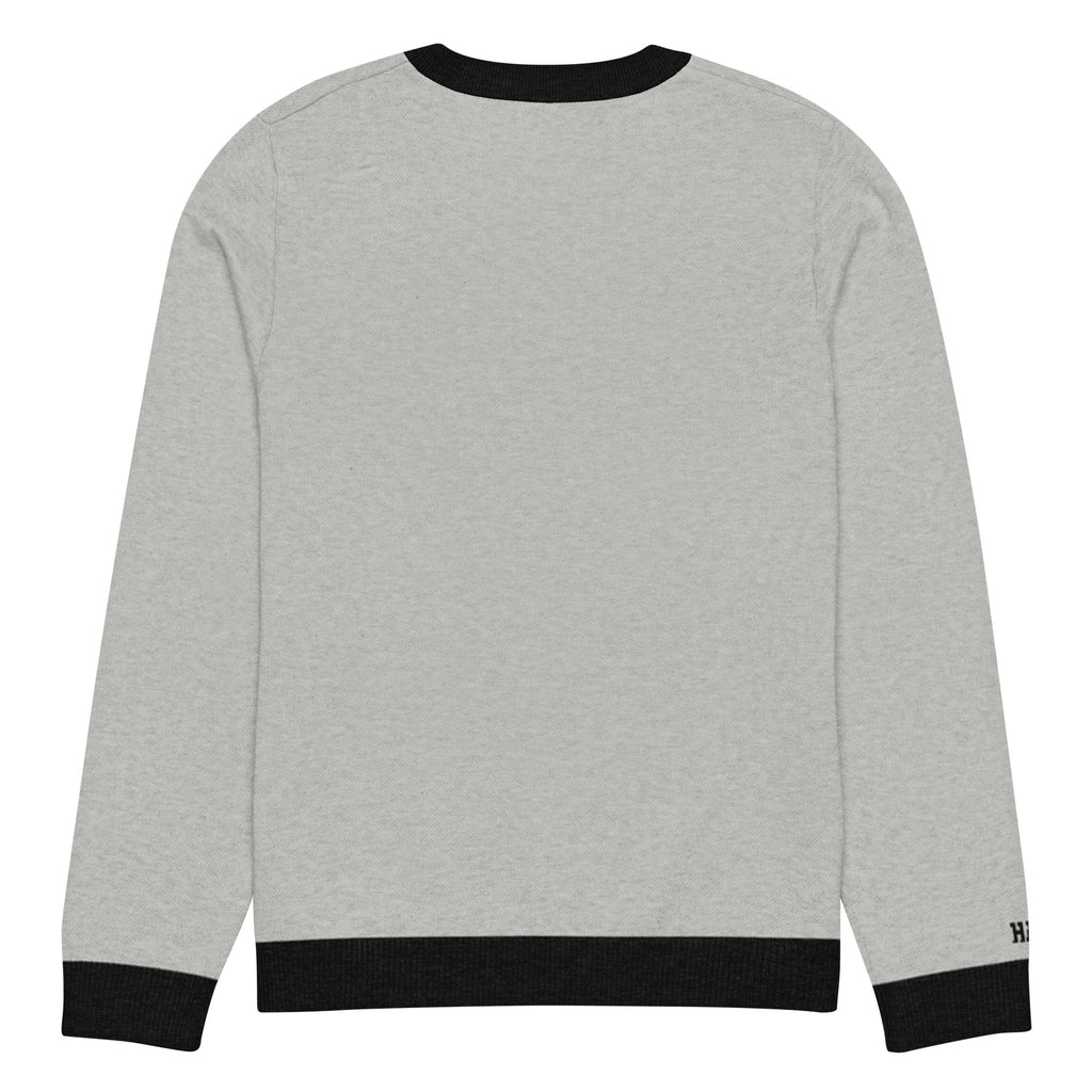 HAGS COMO Classic Knit Crewneck Sweater in gray with black trim and gold collegiate lettering
